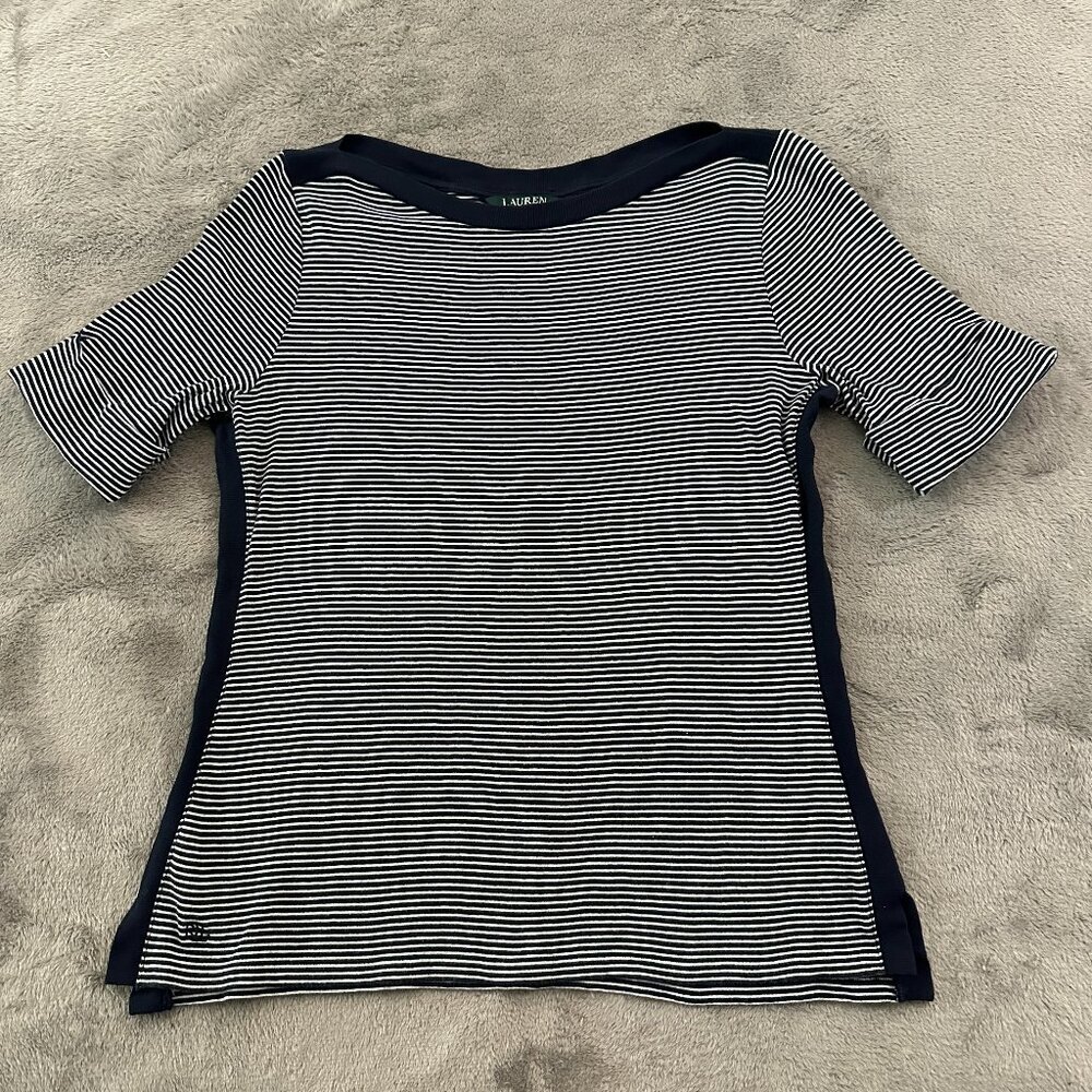 Lauren Ralph Lauren Navy Striped Nautical Shirt LARGE Boat Neck Short Sleeve